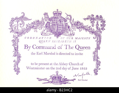 Invitation au couronnement de Sa Majesté la Reine Elizabeth II 1953 Banque D'Images