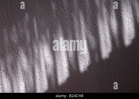 Les ombres du soleil à travers une fenêtre à volets, reflétée sur un plafond texturé Banque D'Images