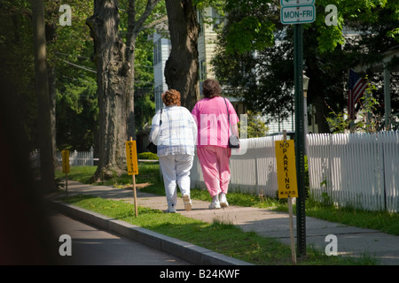 Deux femmes marchant sur le trottoir passé n panneaux de stationnement Banque D'Images
