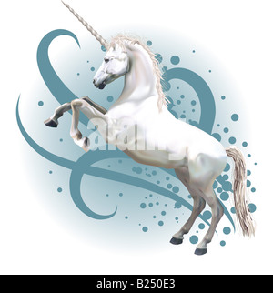 Unicorn. Une illustration d'une licorne se cabrant sur ses jambes de derrière. Banque D'Images