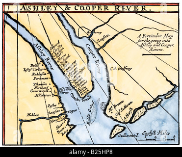 Carte de la coloniale et Ashley Cooper d'eau, de l'emplacement de Charleston en Caroline du Sud des années 1600. À la main, gravure sur bois Banque D'Images