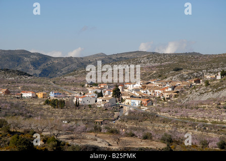 Vue village de Fachecha avec amandier en fleurs, près de l'Fachecha, Province d'Alicante, Communauté Valencienne, Espagne Banque D'Images