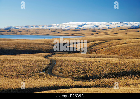 Ancien sentier Dunstan Logan brûler Grand Marais réservoir mousse et Rock et plage de pilier Central Otago ile sud Nouvelle Zelande Banque D'Images