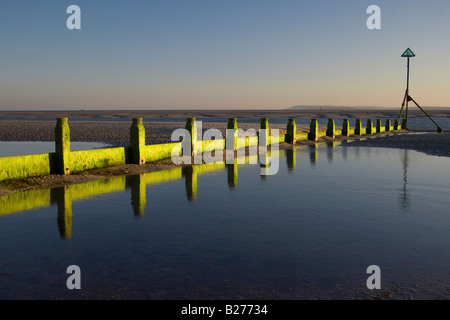 Soleil du soir sur le brise-lames, West Wittering, West Sussex, UK Banque D'Images