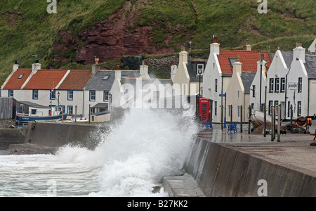 Le célèbre village de Pennan, Aberdeenshire, Scotland, UK, illustré d'être frappé par de grandes vagues durant les tempêtes. Banque D'Images