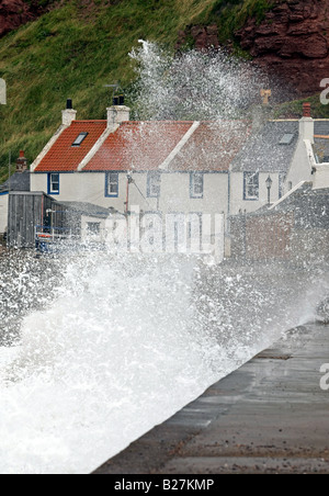 Le célèbre village de Pennan, Aberdeenshire, Scotland, UK, illustré d'être frappé par de grandes vagues durant les tempêtes. Banque D'Images