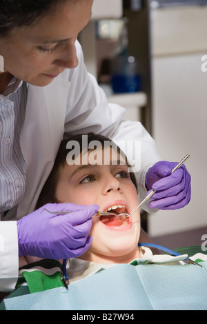 Female dentist examining patient Banque D'Images
