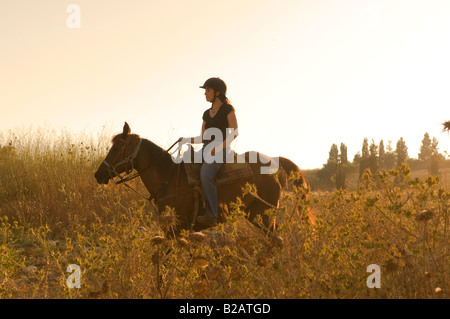 Une femme israélienne à cheval dans les hauteurs ou Menashe Ramot Menashe situé sur la plage de Carmel dans le nord d'Israël Banque D'Images