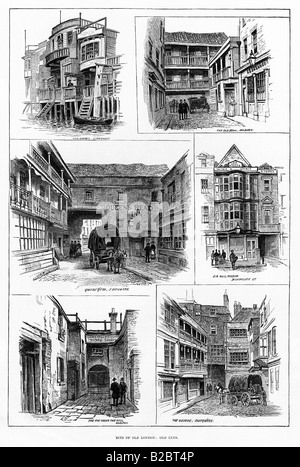 Vieux Inns of London 1887 gravure de l'ancien clocher Raisins Queens Head George Sir Paul Pindar et la Fox sous la colline Banque D'Images