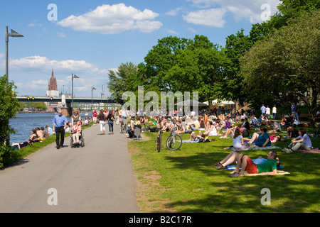 De la rivière Main avec les gens dehors au soleil, derrière la cathédrale de Francfort, Francfort, Hesse, Germany, Europe Banque D'Images