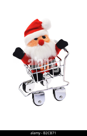 Père Noël en mini panier sur fond blanc Banque D'Images