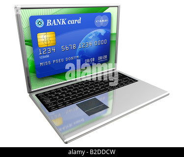 Illustration isolé d'un ordinateur portable avec une carte de crédit à l'écran représentant des services bancaires en ligne ou achat sur Internet Banque D'Images