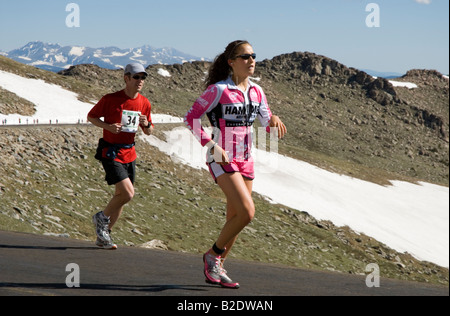 Glissières de concurrence sur le Mont Evans 2008 Ascension course à pied d'exécution. Plus haute altitude course à pied en Amérique du Nord. Banque D'Images