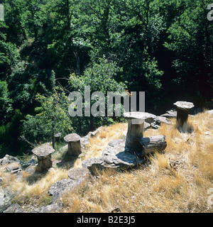 Ruches construites avec chestnut tree trunk et surmontées de lauze Vivarais Ardèche France Europe Banque D'Images