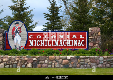 Signe pour Colonial Michilimackinac à Mackinaw City, Michigan Banque D'Images