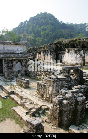 Le palais avec le Temple de la croix dans l'arrière-plan, Site archéologique de Palenque, l'État du Chiapas, Mexique Banque D'Images