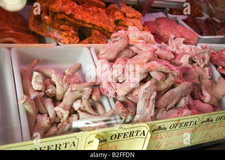 Espagne Salamanque pieds de porcs et des résidus d'affiché dans une boucherie au marché du jour la viande fraîche en showcase Banque D'Images