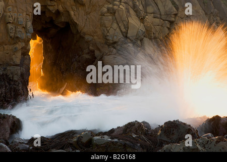 Coucher du soleil sur la lumière à travers l'onde Pfeiffer Beach Arch. Banque D'Images