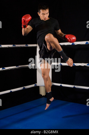 Jeune homme pratiquant la boxe dans un ring de boxe Banque D'Images