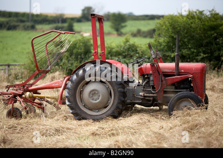 Vieux tracteur Massey Ferguson 35 avec pièce jointe haymaker assis dans un champ le comté de Down en Irlande du Nord Banque D'Images