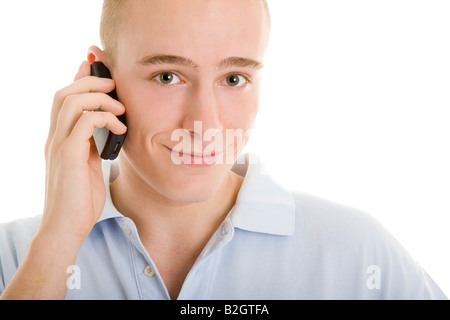 Portrait jeune homme téléphone mobile téléphone sourire parler appeler les gens Banque D'Images