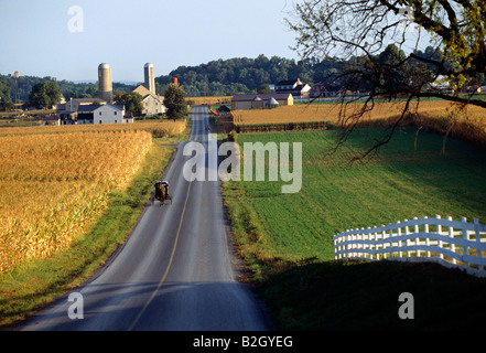 Les Amish, ou ordinaire, les gens du comté de Lancaster en Pennsylvanie, utilisent encore hippomobiles landau pour le transport Banque D'Images