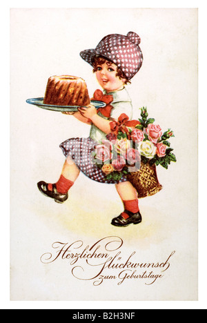 Motif Carte postale cute little girl classic fleurs gâteau d'anniversaire de l'Allemagne du xixe siècle Banque D'Images