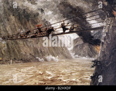 Géographie / voyages, Chine, révolution du communisme, long mars 1934 / 1935, passage forcé du pont Luding, peinture de Liu Gua Hsi, Banque D'Images