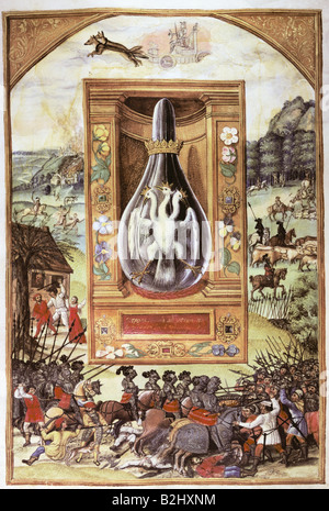 Alchimie, allégorie, flacon avec heron à trois têtes, miniature, 'Splendor Solis', Augsburg, vers 1600, Germanisches Nationalmuseum, Nuremberg, , Banque D'Images