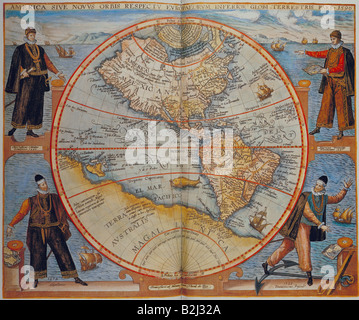 Cartographie, cartes, Amérique, coupe du bois, 'Reisen in das westliche und östliche Indien', Francfort-sur-le-Main 1596, par Theodor de Bry, collection privée, Amérique du Sud et du Nord, Atlantique, Pacifique, Terry australis, carte, XVIe siècle, géographie, Banque D'Images