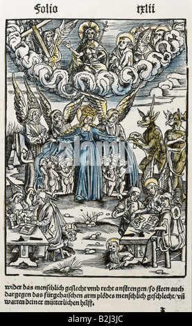 Religion, Christianisme, apocalypse / dernier jugement, graphique, boiseries, colorées, de 'de Teufelsprozess vor dem Weltgericht' (la poursuite du diable le jour du jugement), d'Ulrich Tengler (1447 - 1511), Strasbourg, Allemagne, 1512, collection privée, Banque D'Images