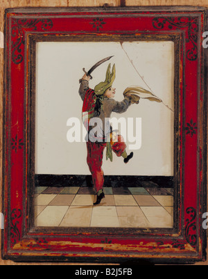 Théâtre, Commedia dell'Arte, 'Caramuccio', peinture inversée sur verre, 25,3 cm x 20,5 cm, Italie, XVIIe siècle, collection privée, Banque D'Images
