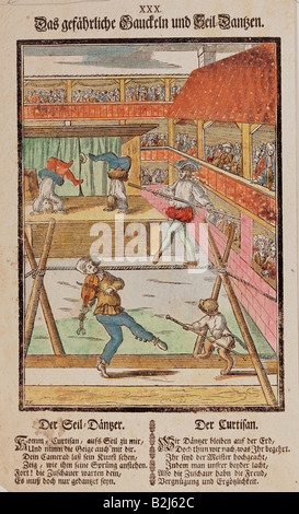 Cirque, acrobaties, marche la plus serrée, coupe de bois, Buch fuer die Jugend, Augsburg, 2ème moitié du XVIIe siècle, Musée national de Bavière, Munich, , Banque D'Images