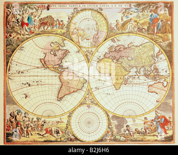 La cartographie, cartes du monde, 'Nova orbis tabula', gravure sur cuivre de couleur, imprimé par Frederk de Witt, Amsterdam, 1680, collection privée, , n'a pas d'auteur de l'artiste pour être effacé Banque D'Images