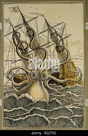 Superstition, créatures mythiques, squid géant attaquant un navire, gravure en bois, 'Histoire naturelle, générale et particulière des mollusques' par Pierre Denys de Montfort, Paris 1801 - 1804, collection privée, , Banque D'Images