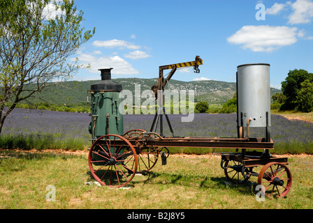 Vieille machine à distiller et champ de lavande en Provence, France Banque D'Images