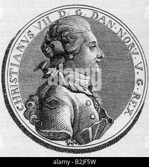 Christian VII., 29.1.1749 - 13.3.1808, roi du Danemark et de Norvège 14.1.1766 - 13.3.1808, portrait, vue latérale, gravure, XIXe siècle, après la médaille, XVIIIe siècle, Banque D'Images