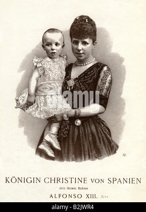 Maria Christina, 21.7.1858 - 6.2.1929, Reine Consort d'Espagne 1879 - 1885, Reine Régent 1885 - 1902, demi-longueur, avec son fils Alfonso XIII, 17.5.1886 - 28.2.1941, roi d'Espagne 1886 - 1931, pleine longueur, lithographie, par Josef Eberle, Vienne, Autriche, vers 1888, , Banque D'Images