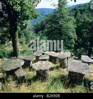 Ruches construites avec chestnut tree trunk et surmontées de lauze Ardèche France Banque D'Images