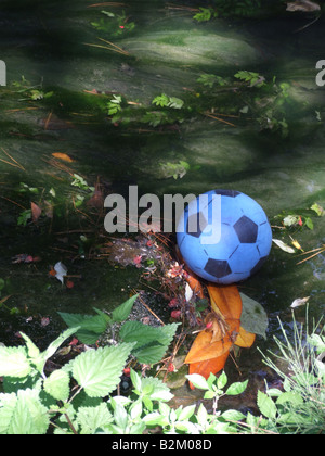 Une balle en plastique bleu perdu sur petite rivière dans les arbres Banque D'Images