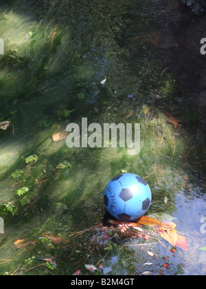 Une balle en plastique bleu perdu sur petite rivière dans les arbres Banque D'Images