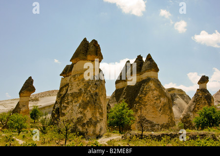 Une cheminée de fée est une formation de roche de forme conique, que l'on trouve généralement dans la région de Cappadoce en Turquie. Banque D'Images