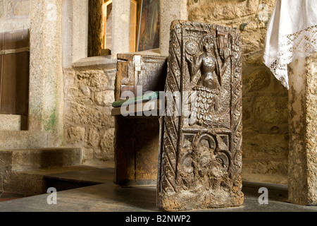 L'église de Zennor Mermaid pew près de St Ives Cornwall England Angleterre UK Royaume-Uni GB Grande-bretagne Îles britanniques Europe Banque D'Images