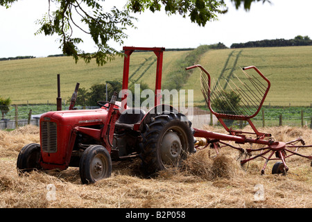 Vieux tracteur Massey Ferguson 35 avec pièce jointe haymaker assis dans un champ le comté de Down en Irlande du Nord Banque D'Images