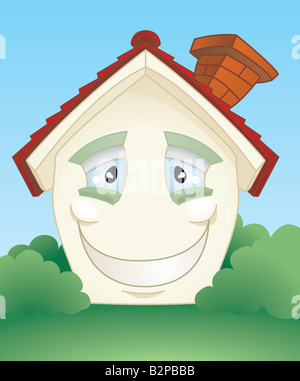 A cute smiling happy house cartoon character Banque D'Images