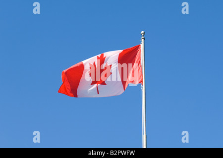 Un drapeau canadien s'agite en haut d' un mât sur une journée ensoleillée. Banque D'Images