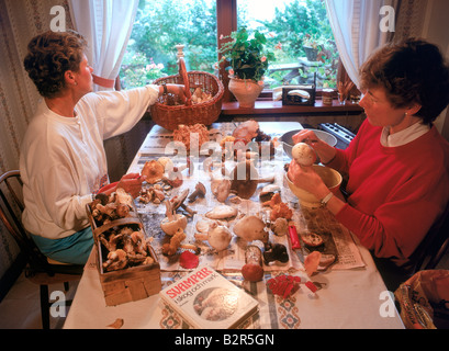 Deux soeurs le tri, nettoyage et coupe les champignons fraîchement cueillis et des champignons à la maison en Suède Banque D'Images