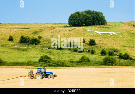 Scène typique du paysage du Wiltshire en été avec le tracteur et l'Hackpen Cheval blanc figure à la craie, England, UK Banque D'Images