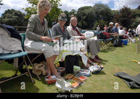 Les spectateurs peuvent pique-niquer lors d'un match de cricket dans le Sussex à Arundel Sussex, au Royaume-Uni Banque D'Images