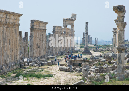 Groupe touristique dans les ruines romaines d'Apamée de Syrie Banque D'Images